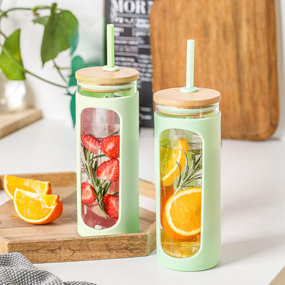 Kodrine 20oz Glass Water Tumbler with Straw and Lid, Bamboo Lids Water Bottle, Iced Coffee Cup Reusable, Wide Mouth Smoothie Cups with Protective Silicone Sleeve BPA FREE-Black - Colors A