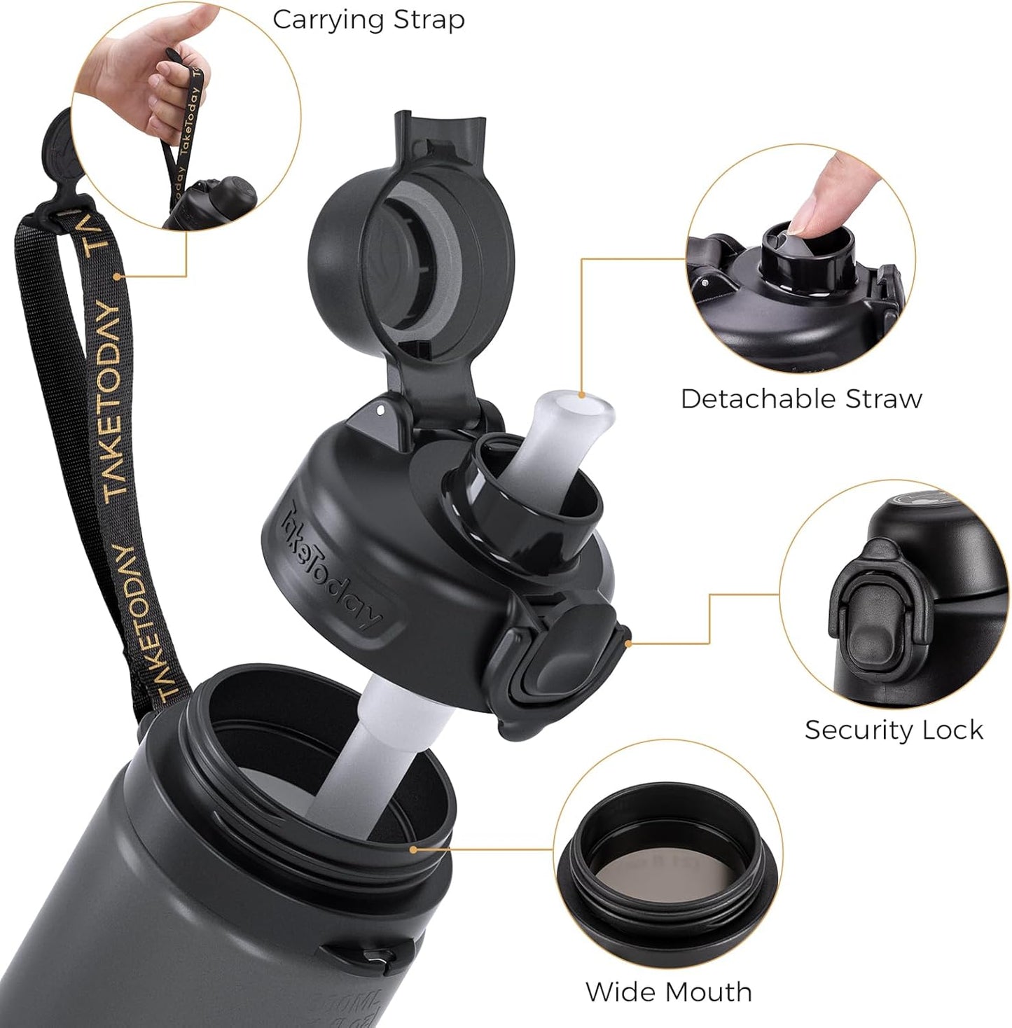 TakeToday Collapsible Water Bottles 21oz (600mL), Foldable Platinum Silicone Travel Water Bottle with Straw & Carry Strap, Leak-Resistant Screw Lid, Wide Mouth, BPA-Free for Hiking, Camping, Travel