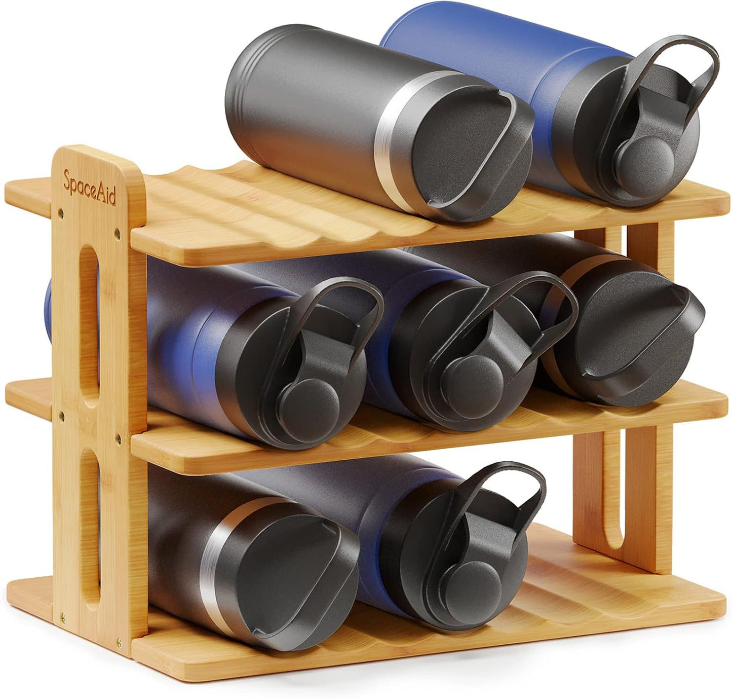 SpaceAid Bamboo Water Bottle Organizer with Labels, Kitchen Pantry Water Bottle Storage Rack for Cabinets, Home Cup and Wine Bottle Holder Shelf Organizers, (3-Tier, Hold 9 Bottles)
