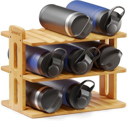 SpaceAid Bamboo Water Bottle Organizer with Labels, Kitchen Pantry Water Bottle Storage Rack for Cabinets, Home Cup and Wine Bottle Holder Shelf Organizers, (3-Tier, Hold 9 Bottles)