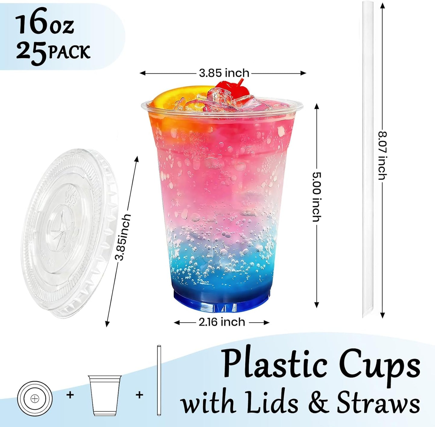 25 Pack 16 oz Clear Plastic Cups with Lids and Straws, Leak-Proof Disposable Iced Coffee Cups, BPA-Free PET Cold Drink Tumblers for Smoothie, Tea and Juice, Crystal Clear To Go Cups