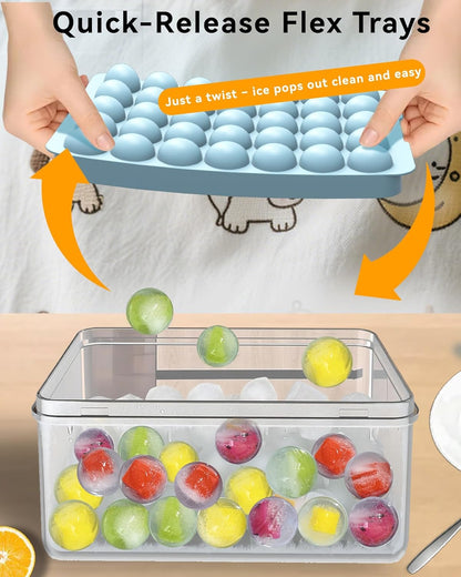 Ice Cube Trays with Lid and Bin, BPA-Free Mini 0.8 Inch Sphere Ice Molds, 2-Pack Small Round Ice Ball Trays, Easy Release, Includes Scoop & Ice Storage Box for Cocktails, Coffee