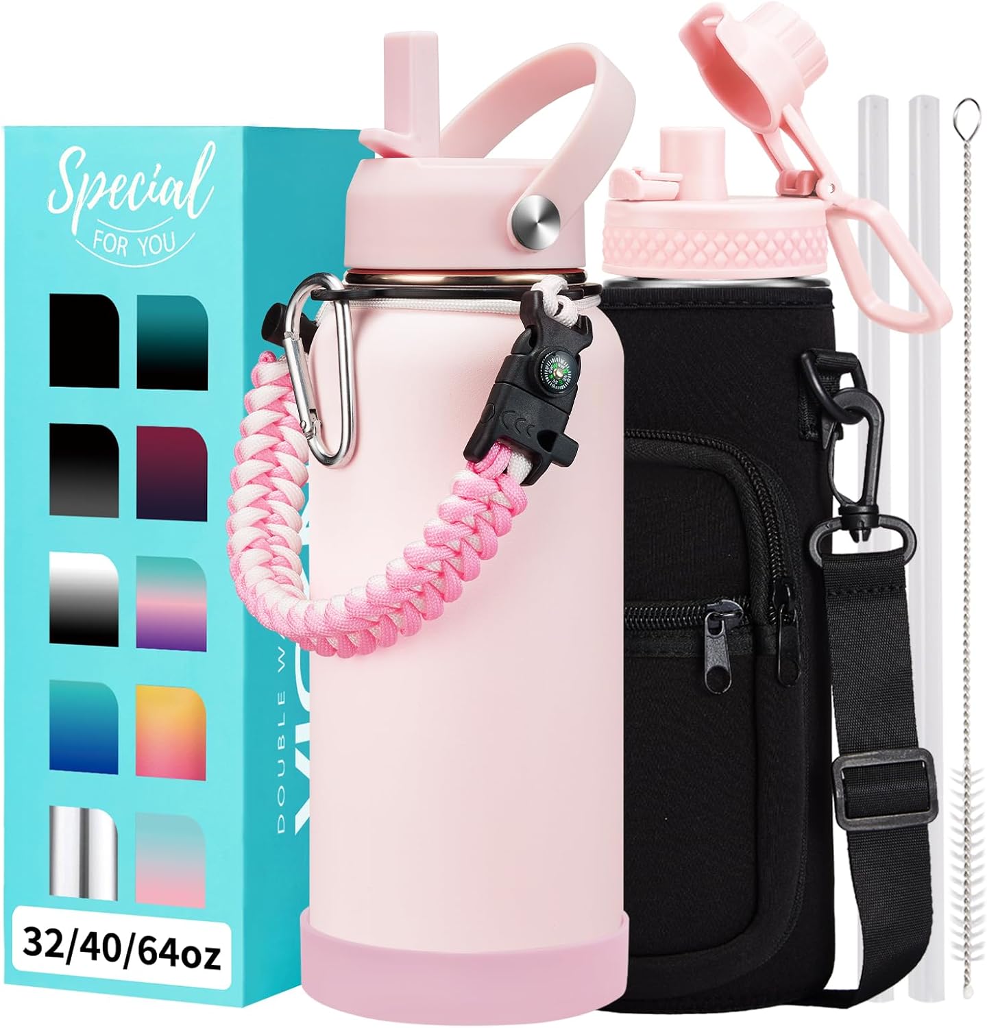 32/40/64OZ Insulated Water Bottle - Keep Cold 48H Hot 24H, Combo Straw/Spout Lids, Paracord Handle for Gym/Hiking, Carrier Bag +Strap, Cup Mat, BPA-Free Stainless Steel Flask Jug