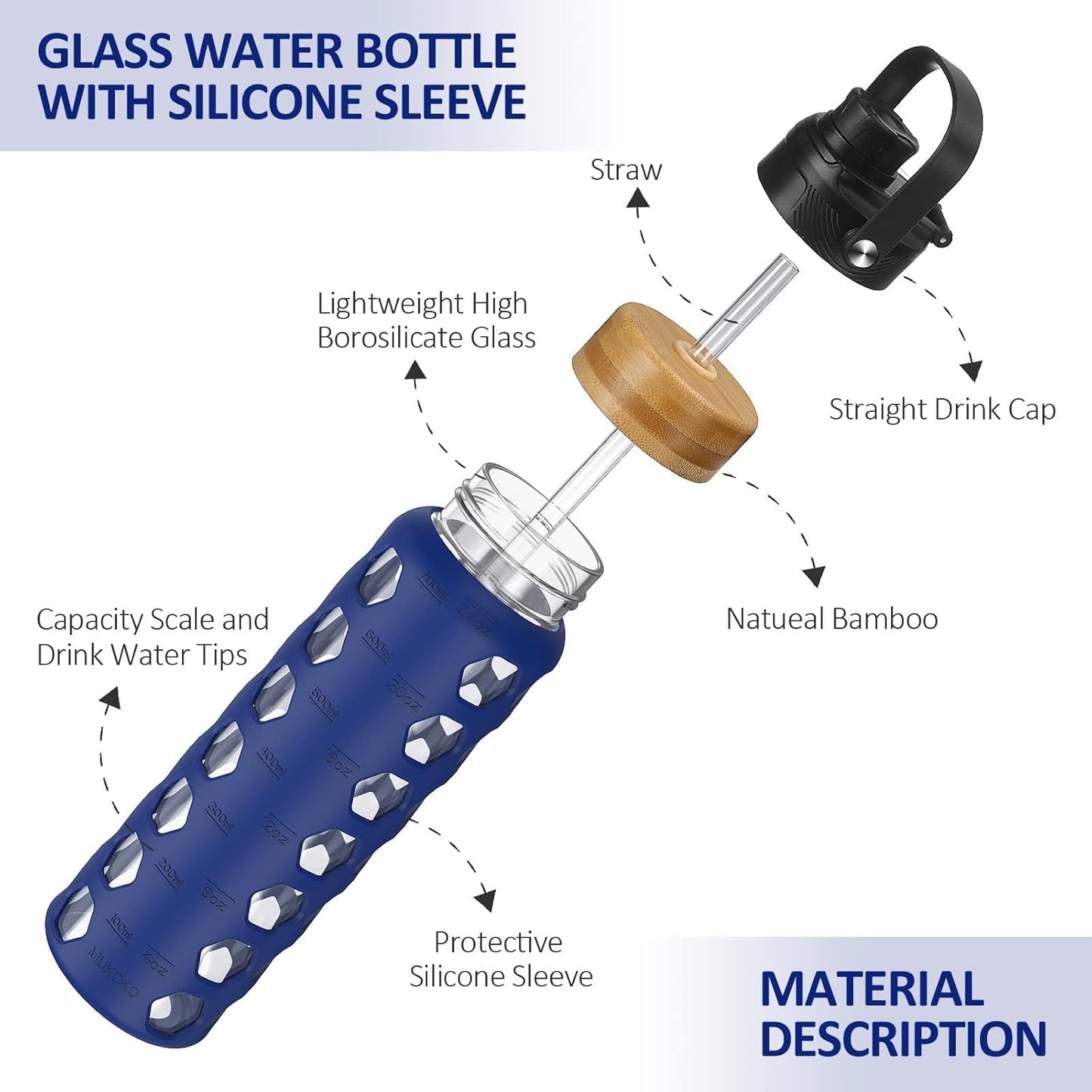 MUKOKO Glass Water Bottles, 32oz Glass Tumbler with Straw, Drinking Bottles with 2 Lids-Handle Spout Lid&Bamboo Straw Lid, Motivational Water Bottle with Time Marker and Silicone Sleeve, 1 Pack-Olive