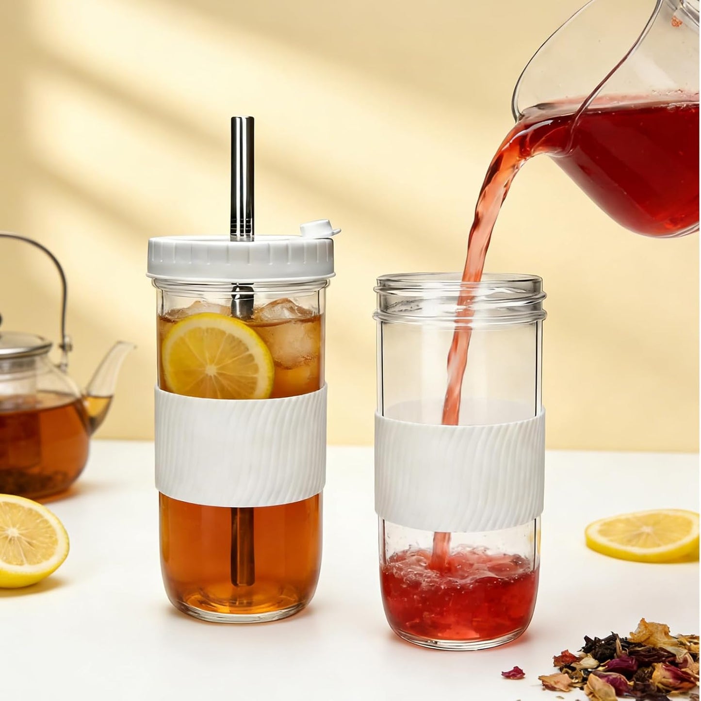 Mapoxy 6 Pack 24oz Mason Jar Cups with Lids and Straws, White Boba Cups Set, Glass Drinking Jars for Bubble Tea, Smoothie, Iced Coffee, Complete with Sleeves, Dishwasher Safe Reusable Tumbler