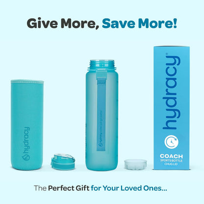 Hydracy Water Bottle with Time Marker -Large BPA Free Water Bottle & No Sweat Sleeve -Leak Proof Gym Bottle with Times to Drink - Ideal for Fitness Sports & Outdoors