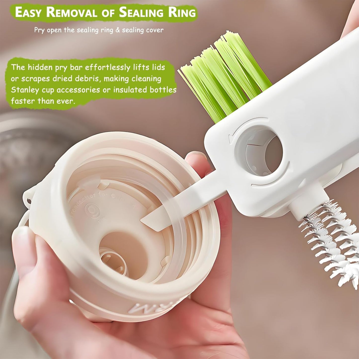 4-in-1 Cup Lid Cleaning Brush – Universal Tumbler Insulated Bottle Brush, 360° Rotating Head with Seal Ring Remover for Wide-Mouth Tumblers