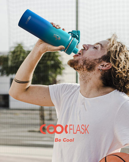 Half Gallon Water Bottle Insulated with Straw & 3 Lids, Coolflask 64 oz Water Jug Large Metal Stainless Steel Wide Mouth for Sports, Gym or Office, Non-BPA Keep Cold 48H Hot 24H, Samurai Cyan