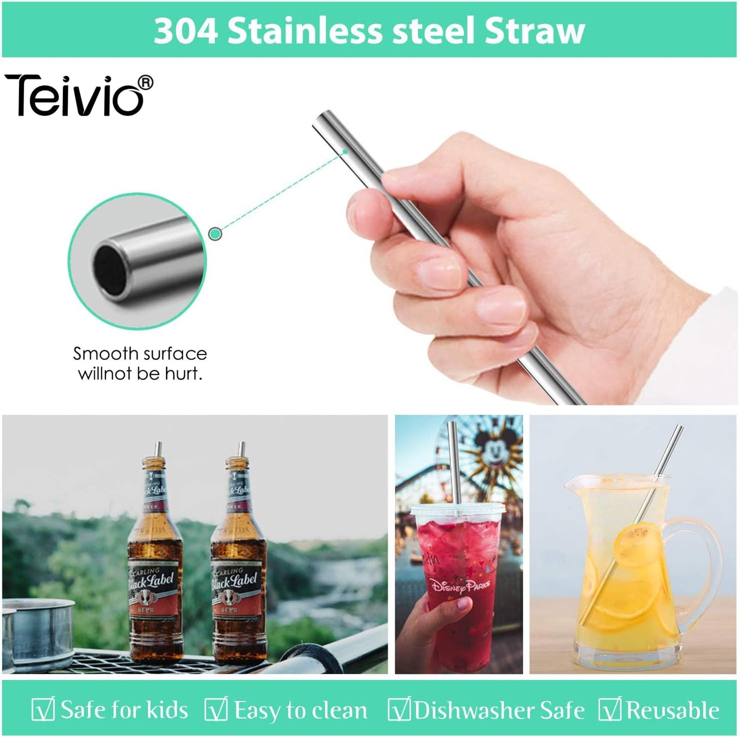 Teivio 8 Piece 5/16 inch (8mm) Wide Stainless Steel Straws for 40 oz Tumbler with Handle, 12 Inch Long Reusable Metal Drinking Straws, Replacement Straws with Silicone Tips & Cleaning Brush, Silver