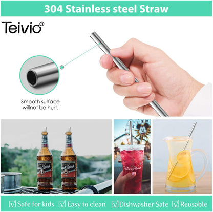 Teivio 8 Piece 5/16 inch (8mm) Wide Stainless Steel Straws for 40 oz Tumbler with Handle, 12 Inch Long Reusable Metal Drinking Straws, Replacement Straws with Silicone Tips & Cleaning Brush, Silver