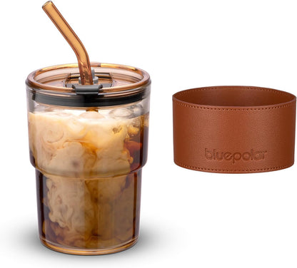 BLUEPOLAR 13oz/400ml Tumbler Water Glass, Cups with Straw and Lid Sealed Carry on for Coffee, Iced Tea, Thick Wall Insulated Glass Cup (Amber)…
