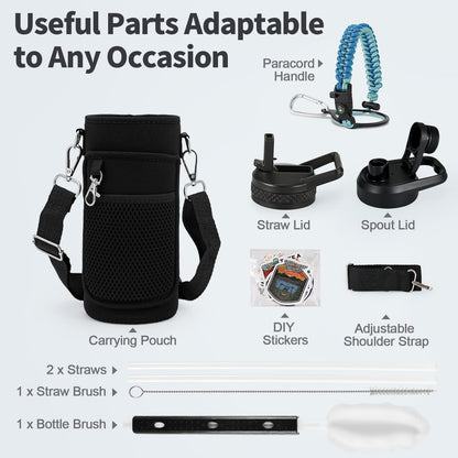 WixByti 40 oz Insulated Water Bottle with Straw (Cold for 36 Hrs), Stainless Steel Triple Wall Vacuum Sports Water Jug, Leakproof Hydro Cup Flask with Paracord Handle & Straw Spout Lids & DIY Stickers