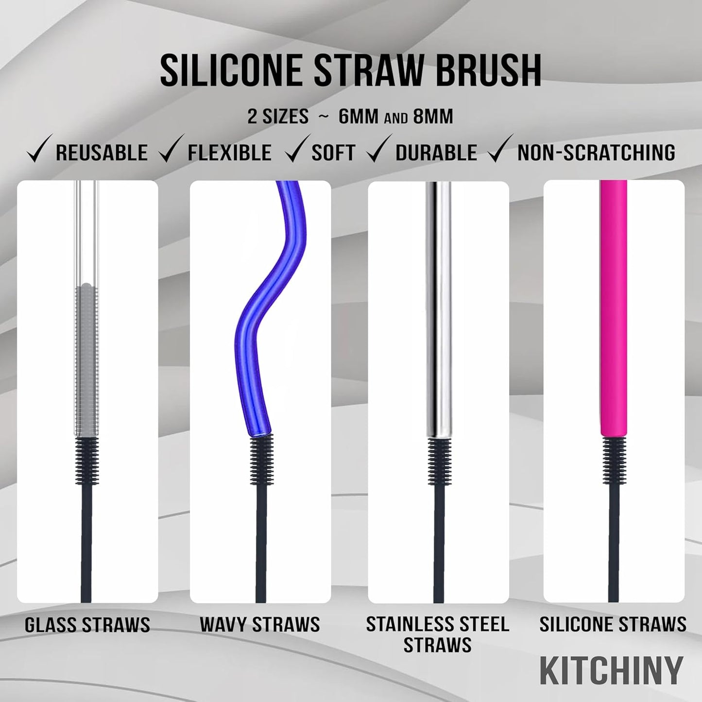 Kitchiny Silicone Bottle Brush with 2 Straw Cleaners - 12.5” Water Bottle Cleaner Brush for Yeti, Hydro Flask, Owala, Stanley, Baby Bottles, Glassware, Vases & Narrow Neck Containers - Orange