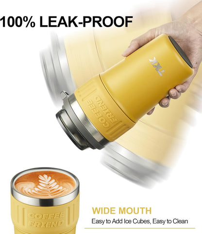 TKK Insulated Coffee Mug with Ceramic Coating, 21oz Iced Coffee Tumbler Cup with Straw Lid Double Wall Vacuum Leak Proof Travel Mug with Strap for Hot and Iced Beverage, Tungsten Steel