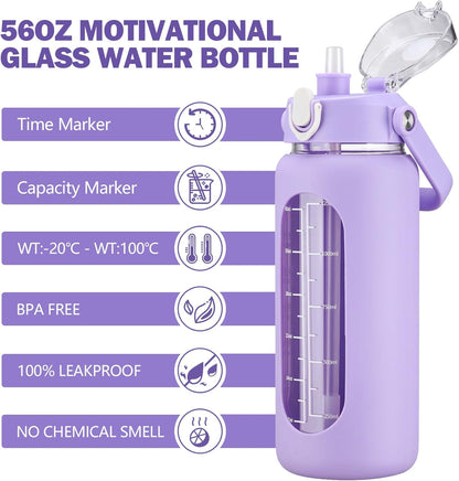 64oz Glass Water Bottles with Straw, Half Gallon Motivational Glass Bottle with Silicone Sleeve and Time Marker, 2L Leakproof Large Glass Water Jug for Gym Home Office,olive