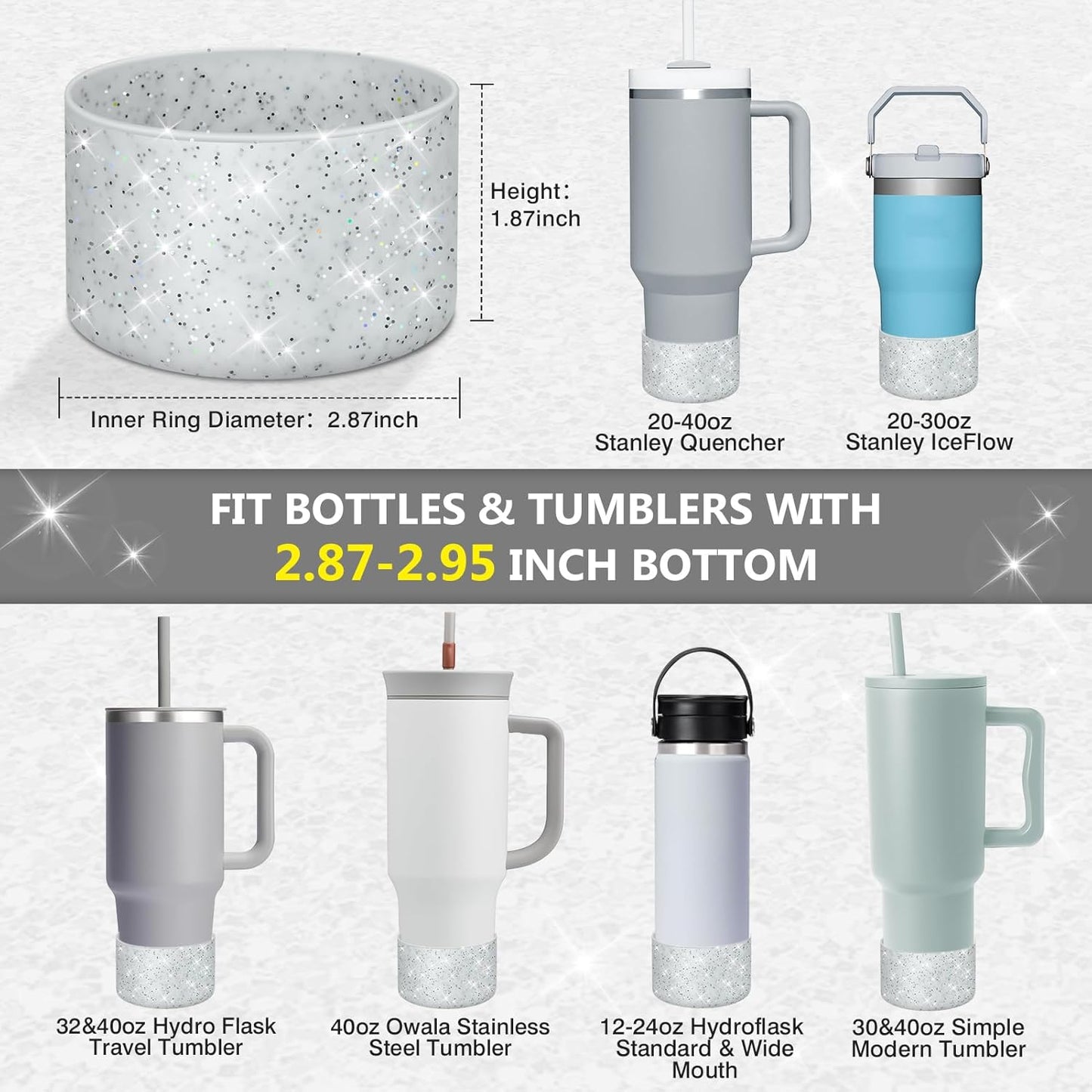 WUQID Protective Bling Silicone Boot Sleeve, Compatible with Stanley Tumbler 20-40oz & Hydro Flask Bottle 12oz-24oz, Glitter Reduces Dents Sleeve Cover for More Bottles/Tumblers Bottom of 2.83-2.95in