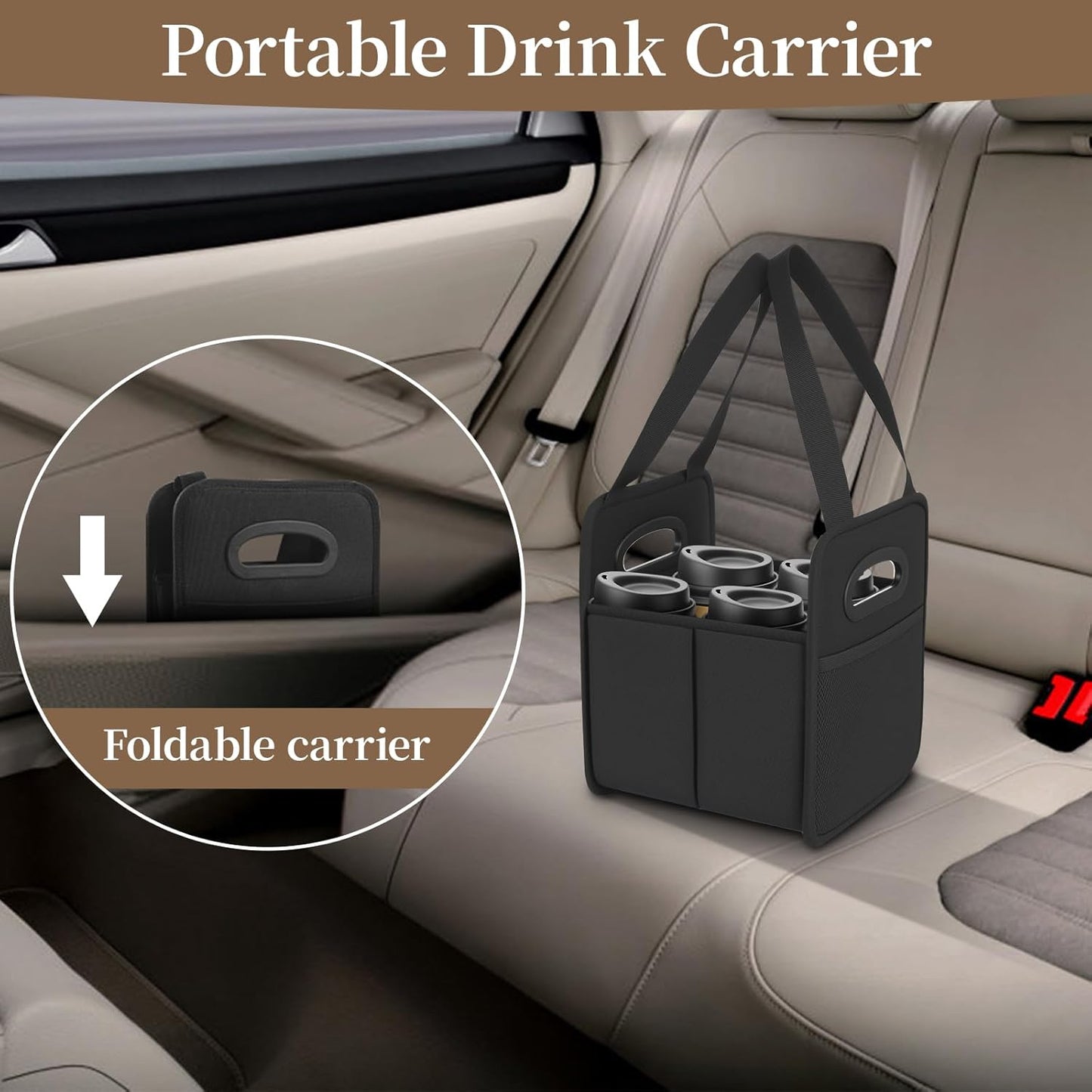 Foyego 4 Cup Drink Carrier with Handle, Reusable Insulated Drink Caddy Drink Holder for Car, Folding Portable Coffee Cup Holder Bag for Travel and Delivery