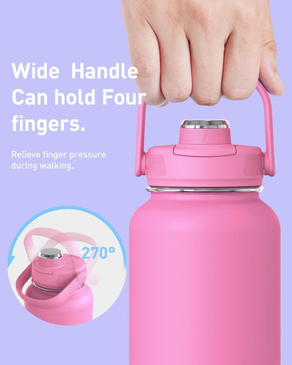TOURIT 32 oz Insulated Water Bottle, Stainless Steel Sports Water Bottles With Top Handle, Double-Wall Travel Thermal Water Flask, BPA Free Leakproof Water Bottle for Sports and Travel,Pink