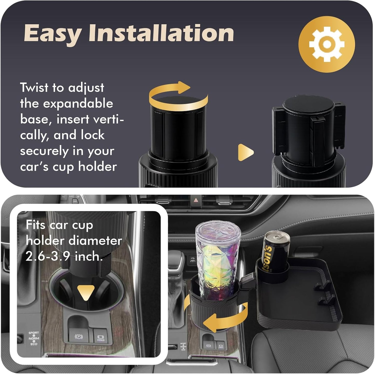 OtterVerz 11 Upgraded Car Cup Holder Tray, 3 in 1 Car Cup Holder Expander Adapter, 360° Rotating Detachable 10.5" Car Food Tray Table for Eating, Road Trip Essentials, Fits Yeti/Hydro Flask 16–46oz