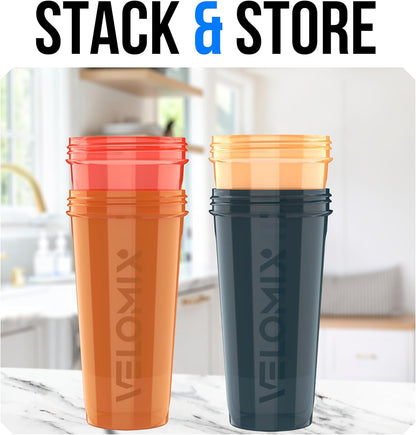 VELOMIX -4 Pack- 28 oz Protein Shaker Bottles for Protein Mixes - 4x Wire Whisk | Leak Proof Shaker Cups for Protein Shakes | Stackable Protein Shaker Bottle Pack (A1) Silver Aurora