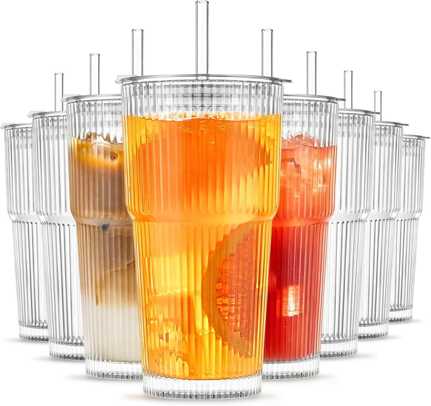 INSETLAN 20 oz Ribbed Glass Tumblers with Lids and Glass Straws – 4-Piece Glassware Set, Thickened Wall, Ideal for Iced Coffee, Smoothies, Cocktails, and Juices – Elegant and Durable Drinkware