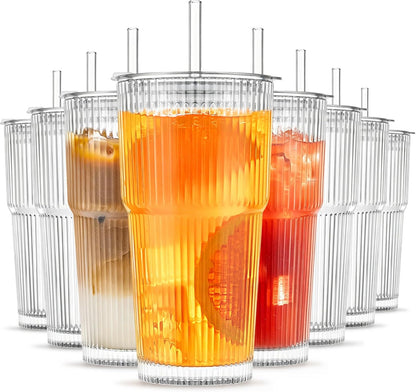 INSETLAN 20 oz Ribbed Glass Tumblers with Lids and Glass Straws – 4-Piece Glassware Set, Thickened Wall, Ideal for Iced Coffee, Smoothies, Cocktails, and Juices – Elegant and Durable Drinkware