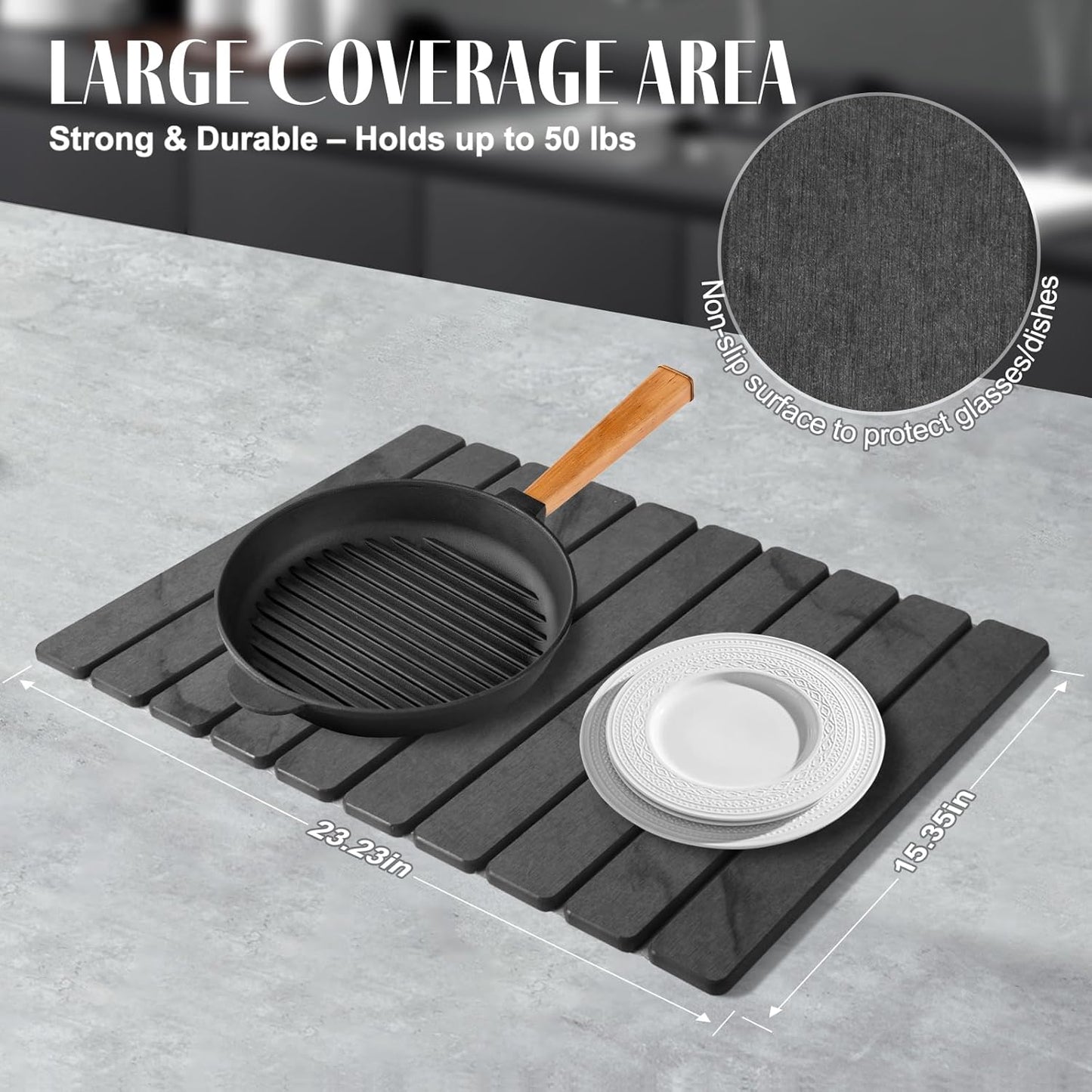 Large Stone Dish Drying Mat for Kitchen Counter – 24"(L)×16 "(W) Foldable Super Absorbent Diatomaceous Earth Dish Drying Mat, Kitchen Counter Mats for Plate Rack, Cups, Match Any Countertop - Gray