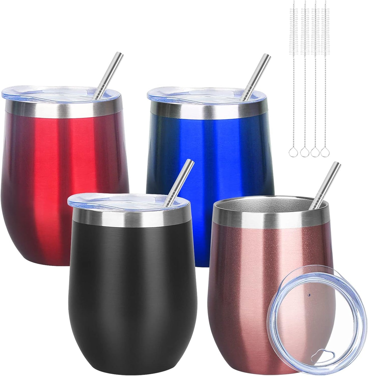 12oz/4 Pack Wine Tumbler Glasses with Lid Stemless Double Wall Vacuum Stainless Steel Travel Tumbler Keeping Cold & Hot for Wine,Coffee,Cocktails,Drinks-Family and Gifts (Multi color-dark)