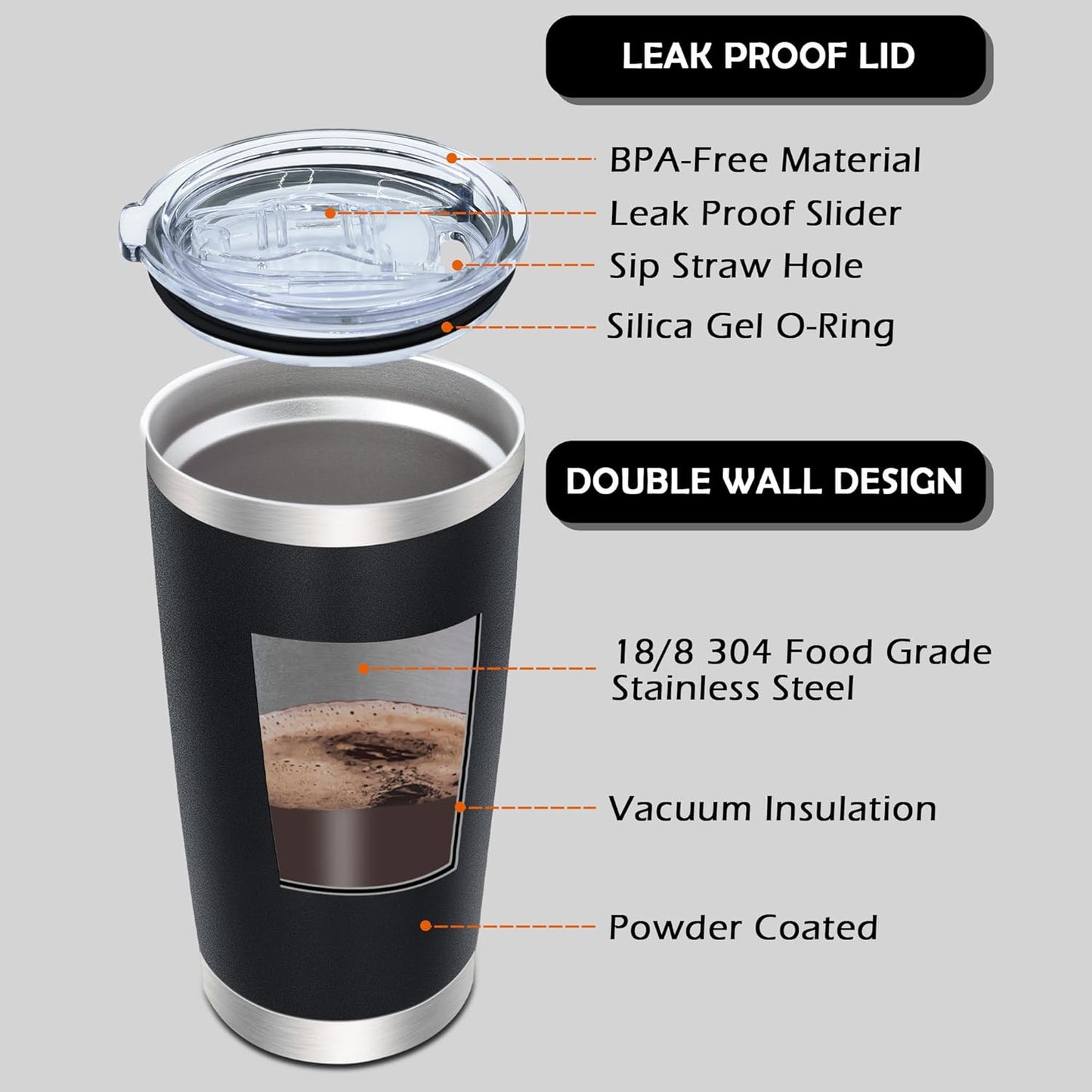 AIANJI 20oz Tumbler Bulk Stainless Steel Tumblers with Lid Vacuum Insulated Double Wall Travel Coffee Mug Powder Coated Tumbler Cup for Hot and Cold Drinks(Stainless Steel, 1 pack)