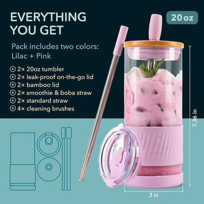 Pandaloo® Glass Cups With Lids and Straws -20 Fl Oz- Perfect Size Iced Coffee Cup - Smoothie Cup With Bamboo Lid and On the go Lid - Glass Tumbler With Straw (1 Count (Pack of 1), Lilac Rhapsody)