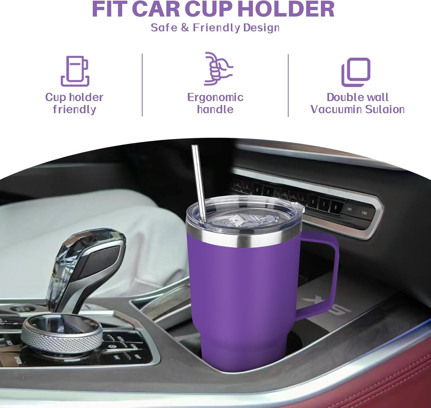 40 oz Tumbler with Handle, Insulated Tumbler with Lid and Straw, Reusable Stainless Steel Vacuum Insulated Cup, 100% Leak Proof Thermal Travel Coffee Mug Cup for Cold and Hot (Light Purple)