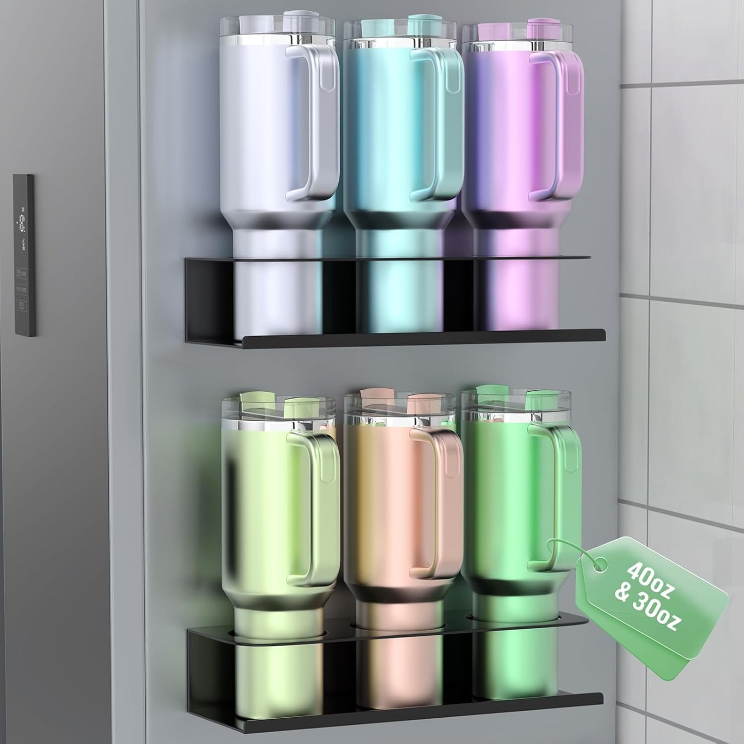 POLRAI 2 Pack Magnetic Stanley Cup Holder for Fridge, Water Bottle Organizer for Tumbler with Double Sided Tape Hold Stanley Cup Accessories for Kitchen Cabinet Wall