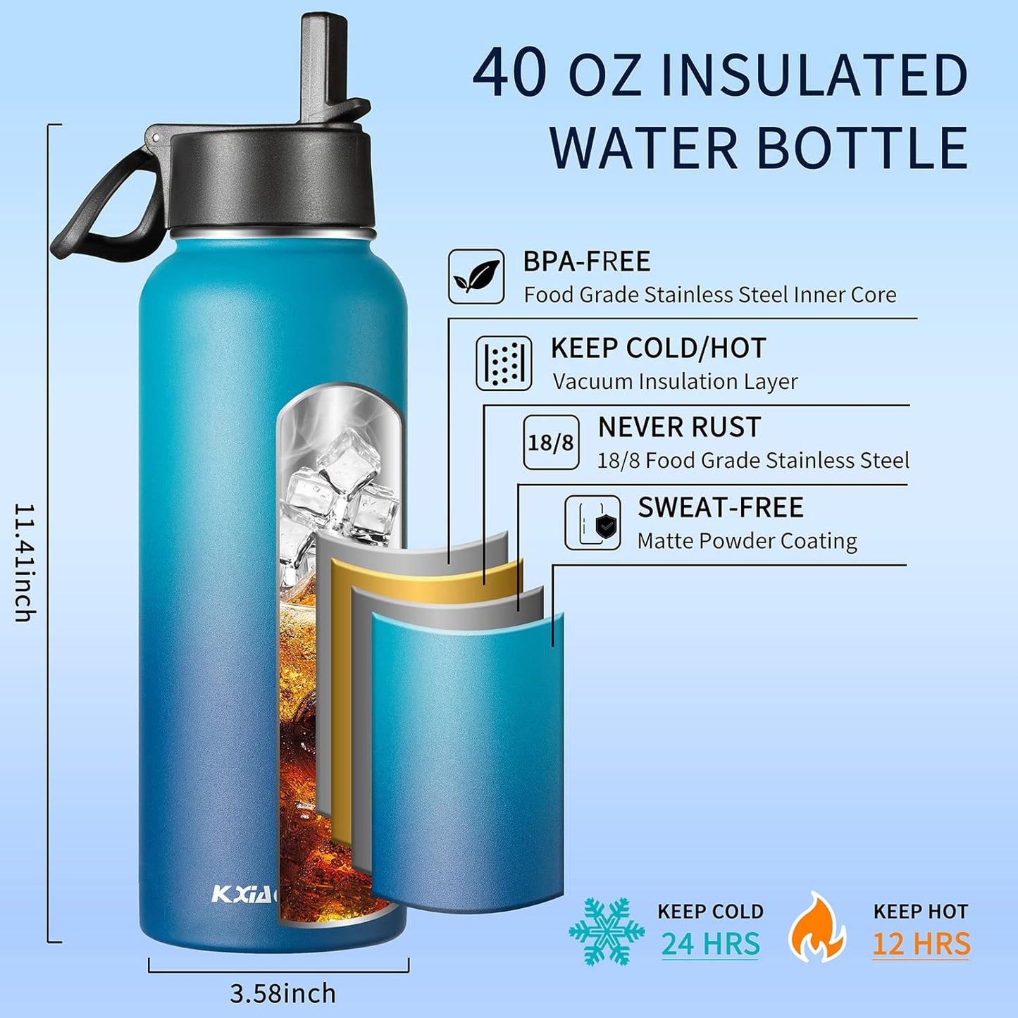 KXIAOCHEN Insulated Water Bottle With Strap, Cold For 48 Hrs Leak Proof, Triple Wall Stainless Steel Sports Water Bottle With Straw And Spout Lid For Gym Hiking Travel