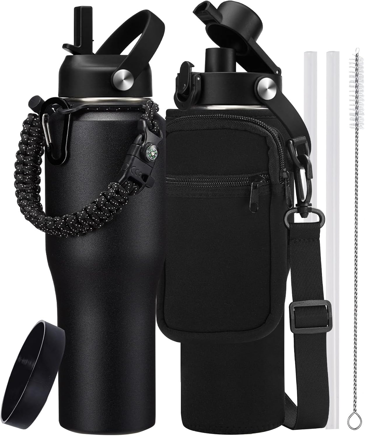 Insulated Water Bottle 40 oz - Fits in any Car Cup Holder, Keep Cold 48H Hot 24H, Stainless Steel Waterbottle Double Wall Flask with Straw, Pop-up Spout Lid, Paracord Handle, Carrier Bag