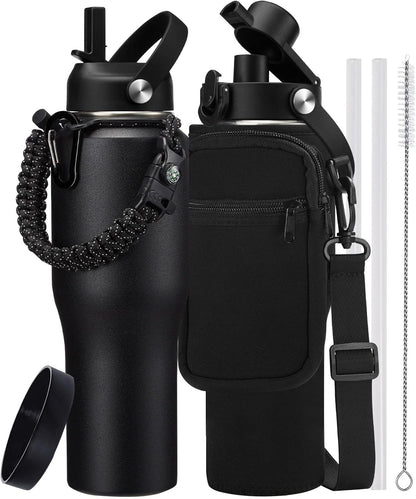 Insulated Water Bottle 40 oz - Fits in any Car Cup Holder, Keep Cold 48H Hot 24H, Stainless Steel Waterbottle Double Wall Flask with Straw, Pop-up Spout Lid, Paracord Handle, Carrier Bag