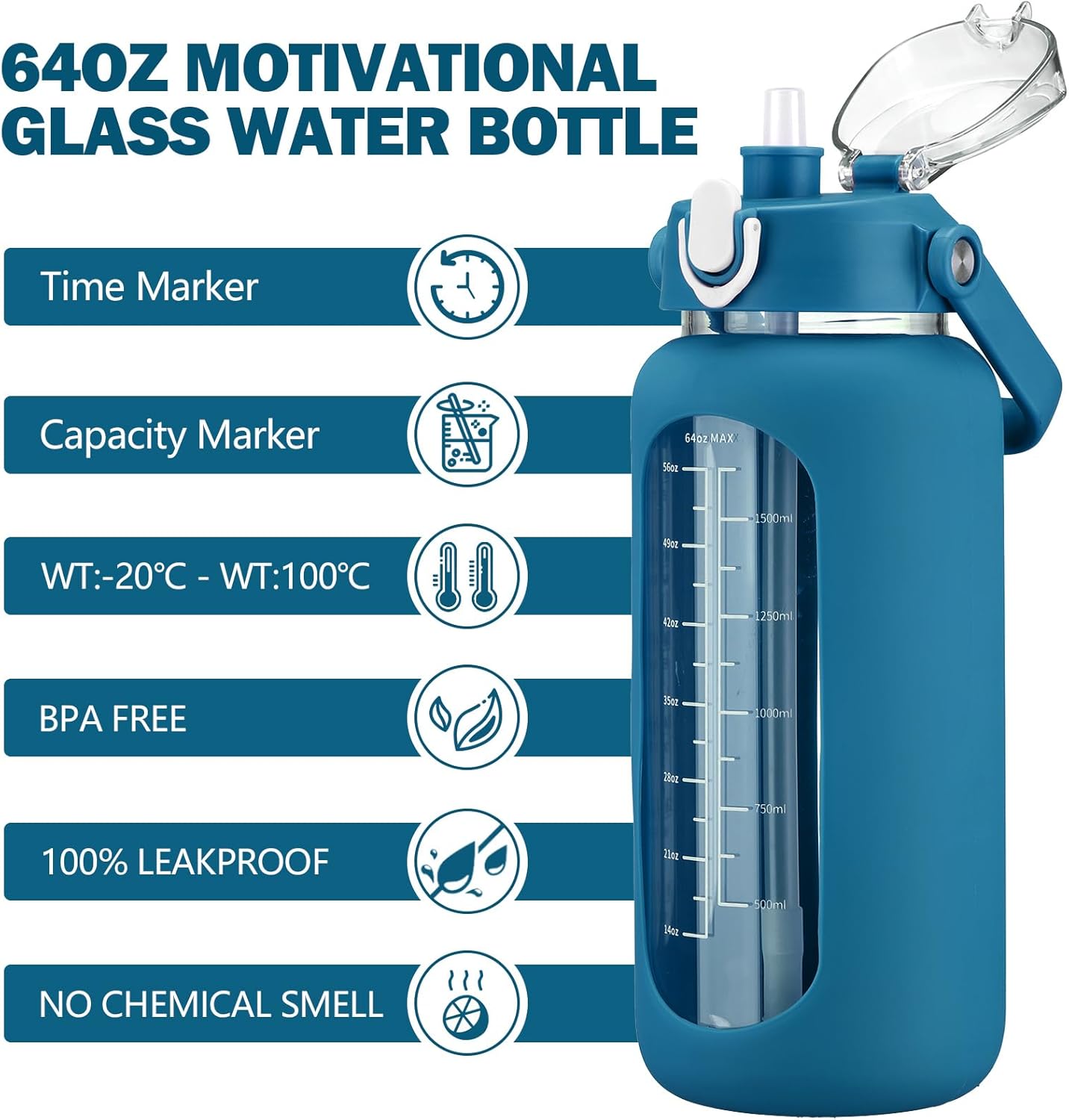 64oz Glass Water Bottles with Straw, Half Gallon Motivational Glass Bottle with Silicone Sleeve and Time Marker, 2L Leakproof Large Glass Water Jug for Gym Home Office,olive