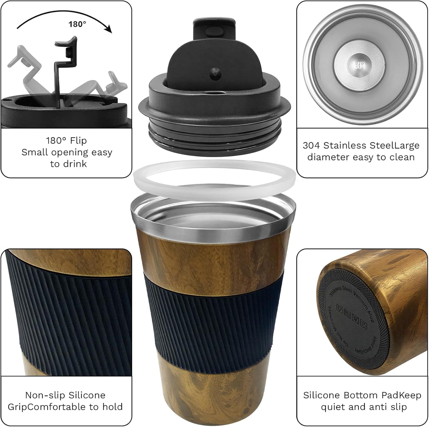 YINBAOGE Insulated Travel Coffee Mug, Spill & Leak Proof, Portable To Go Camping Stainless Steel Coffee Tumbler, Reusable Thermal Coffee Cup with Lid for Hot & Cold Drinks (Black, 12 OZ)
