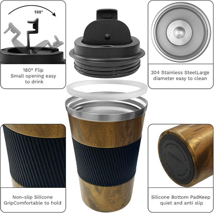 YINBAOGE Insulated Travel Coffee Mug, Spill & Leak Proof, Portable To Go Camping Stainless Steel Coffee Tumbler, Reusable Thermal Coffee Cup with Lid for Hot & Cold Drinks (Black, 12 OZ)