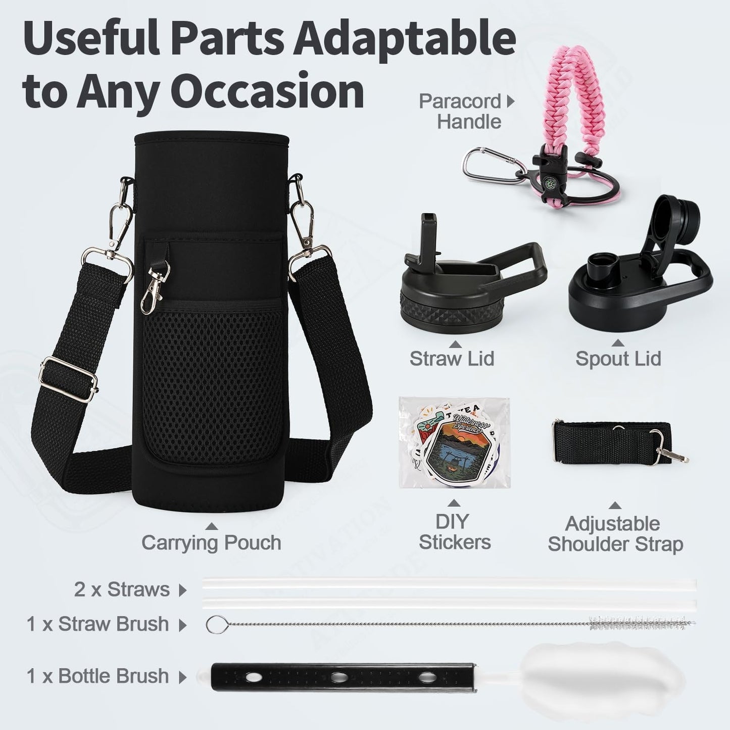 WixByti 40 oz Insulated Water Bottle with Straw (Cold for 36 Hrs), Stainless Steel Triple Wall Vacuum Sports Water Jug, Leakproof Hydro Cup Flask with Paracord Handle & Straw Spout Lids & DIY Stickers