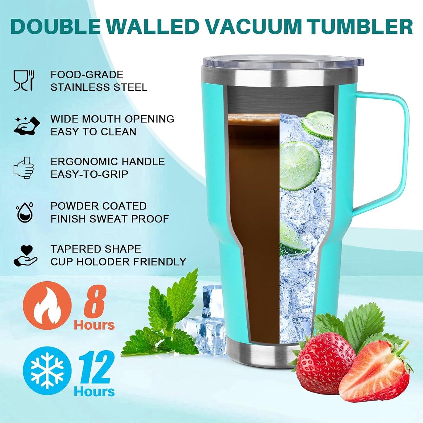 40 oz Tumbler with Handle, Insulated Tumbler with Lid and Straw, Reusable Stainless Steel Vacuum Insulated Cup, 100% Leak Proof Thermal Travel Coffee Mug Cup for Cold and Hot (Light Purple)