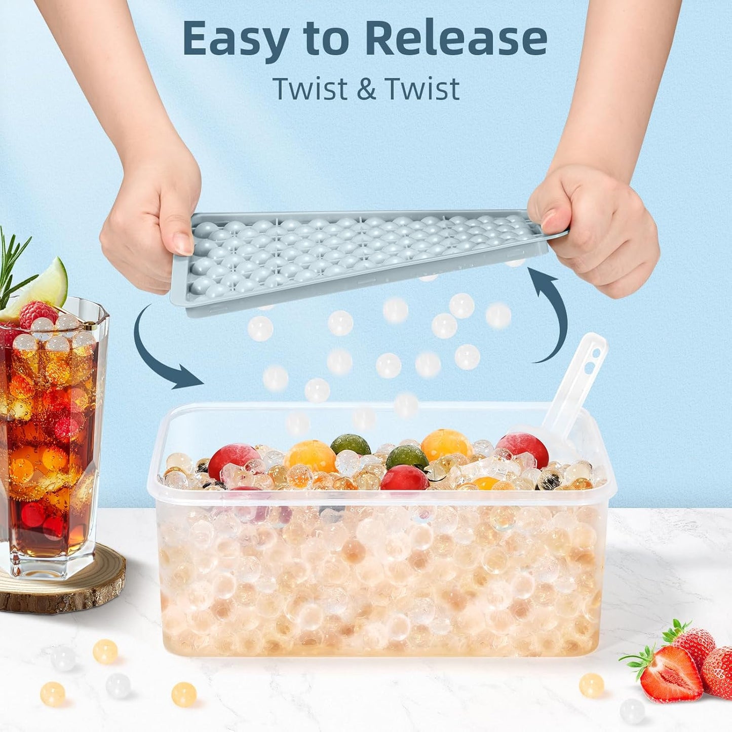 WIBIMEN Mini Ice Cube Trays, 0.55” Tiny Pebble Ice for Iced Coffee & Cocktails, Fast Chill, Easy Twist Release, Stackable with Lid & Storage Bin (4 Pack, Blue)