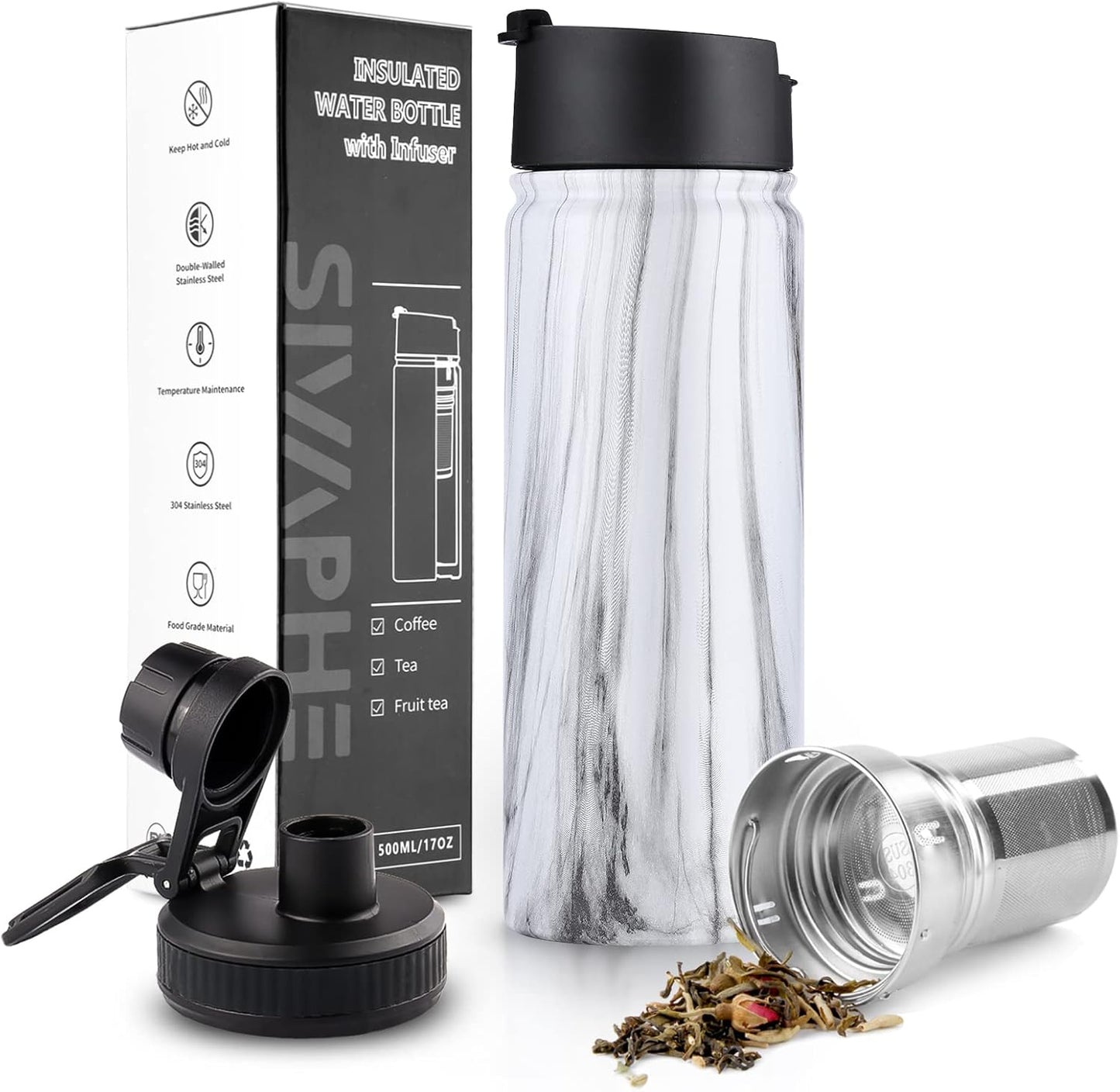 Sivaphe Tea Infuser Bottle With Removable Loose Leaf Tea Strainer Cup 18/8 Stainless Steel Portable Insulated Travel Tea Tumbler Black