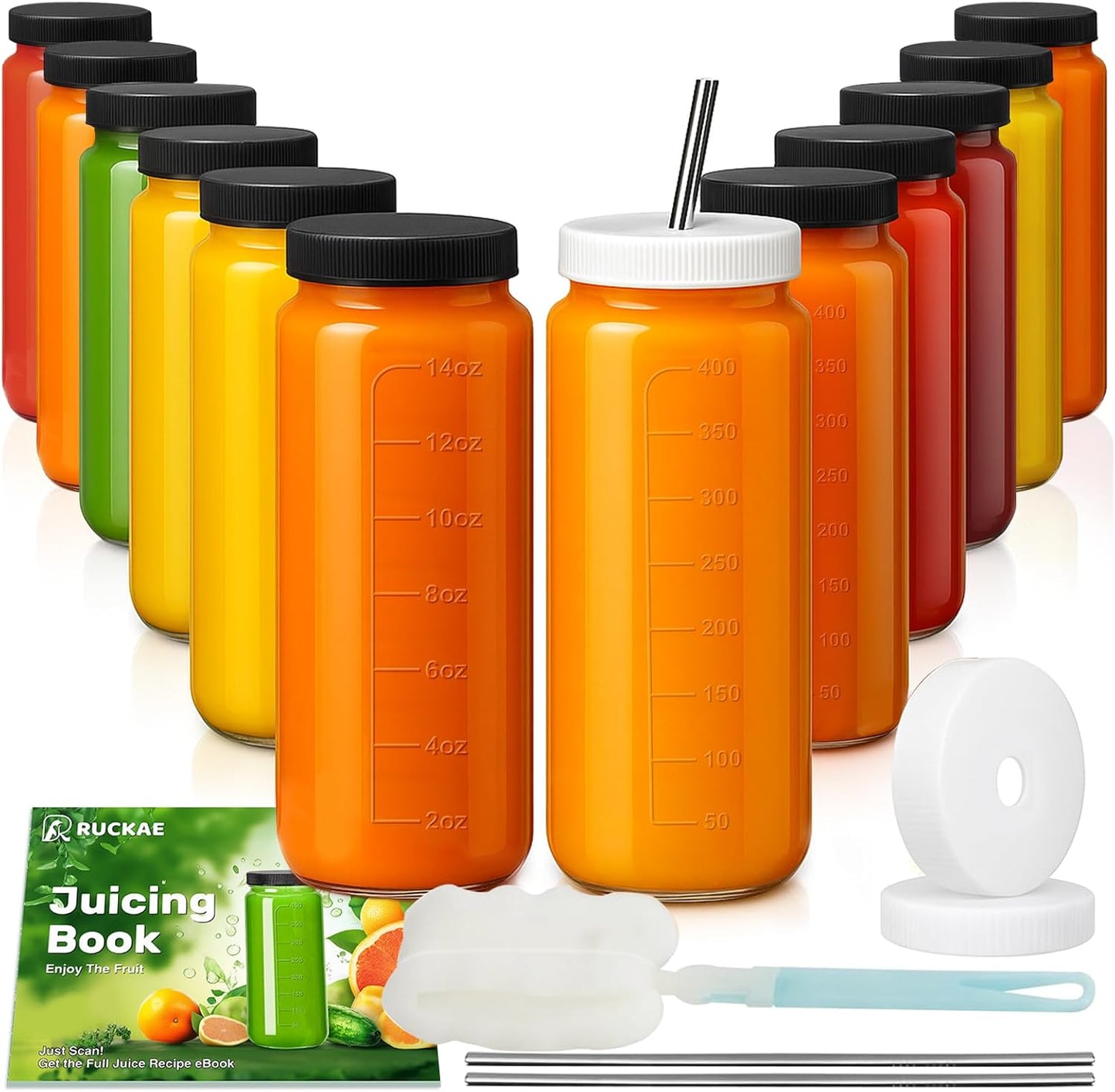 Ruckae 16oz 10 Pack Juice Bottles, Glass Bottles with Lids, Smoothie Cup Lids and Straws, Water Bottle Mason Jar Drinking Glasses for Juicing, Smoothies, Kombucha