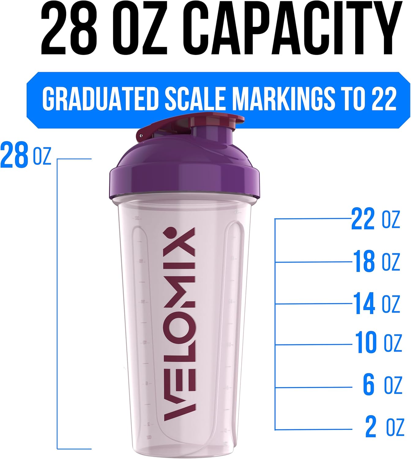 VELOMIX -2 Pack- 28 oz Protein Shaker Bottles for Protein Mixes - 2x Wire Whisk | Leak Proof Shaker Cups for Protein Shakes | Protein Shaker Bottle Pack (Black/Transparent)