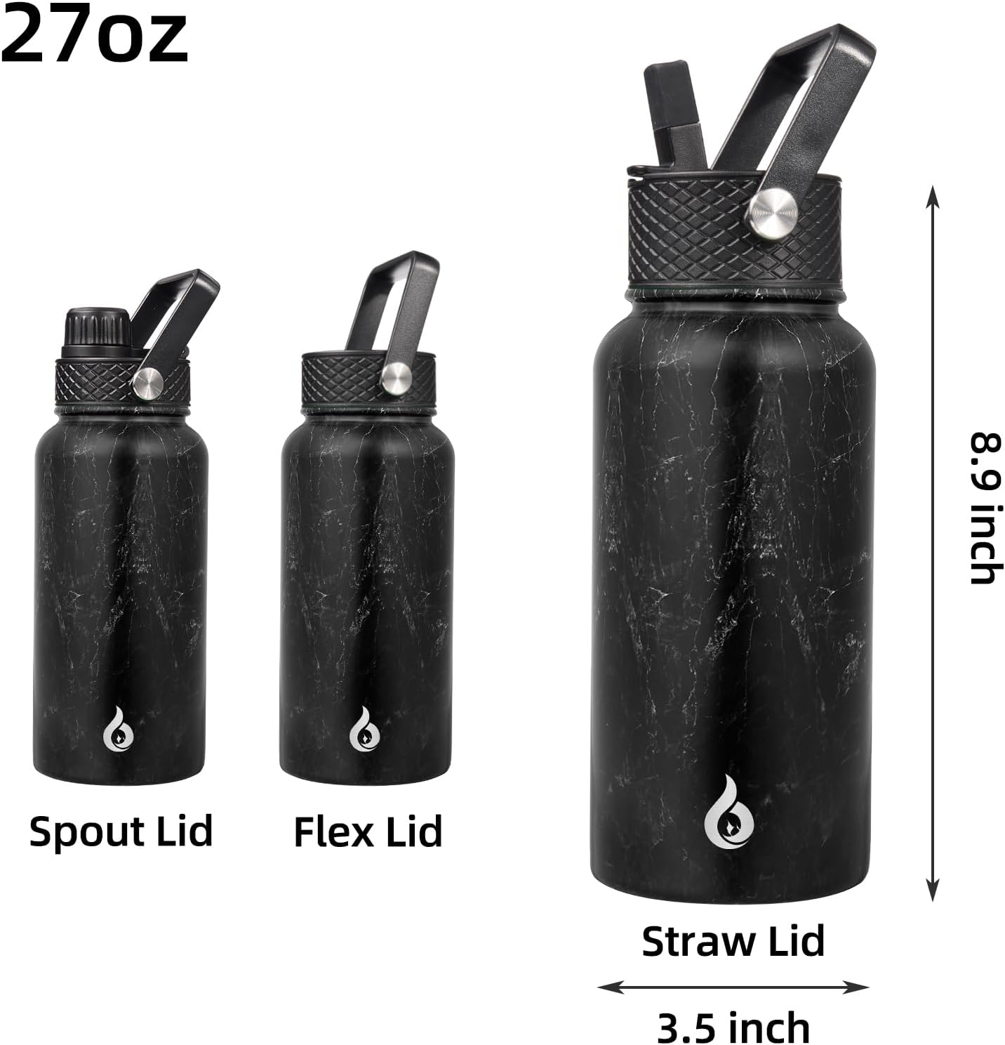 BJPKPK Insulated Water Bottles with Straw Lid, 40oz Stainless Steel Water Bottles with 3 Lids, BPA Free Leakproof Thermo, Tumblers, Cups for Sports, Gym- Midnight - Colors B