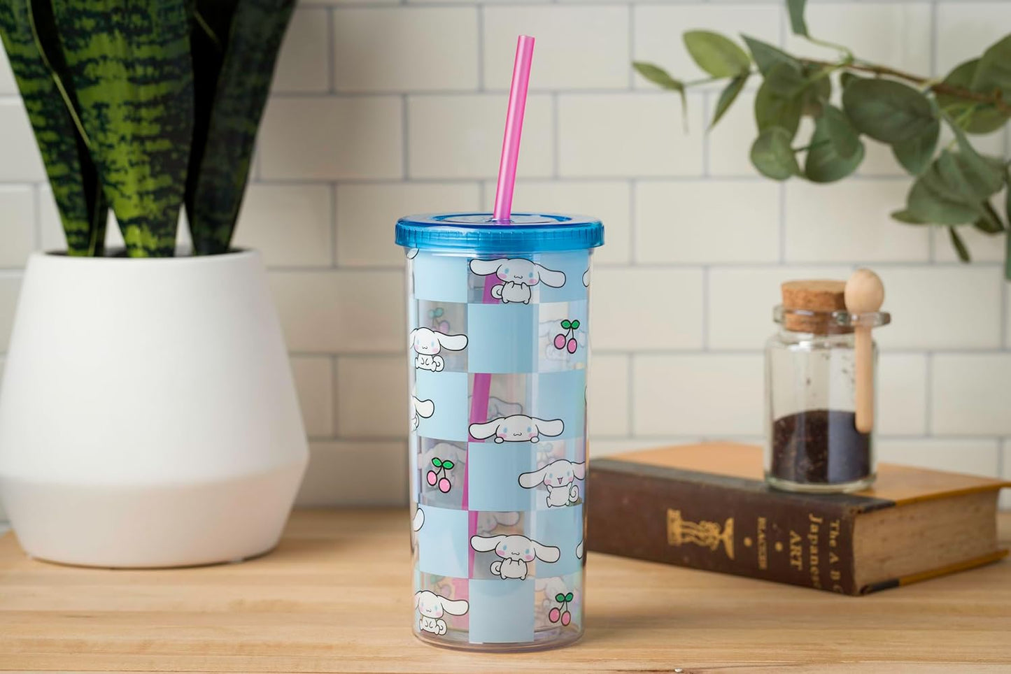 Silver Buffalo Sanrio Hello Kitty Milk Carton Pattern Plastic Boba Tumbler w Lid and Wide Straw, 24 Ounces