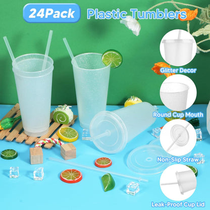 24 Pack Plastic Tumblers with Lids and Straw, Reusable Cups with Lids and Straws Colorful Cups for Cold Drink Iced Coffee, Plastic Tumbler Bulk for Party Birthday Gifts (24 oz, Stylish Colors)