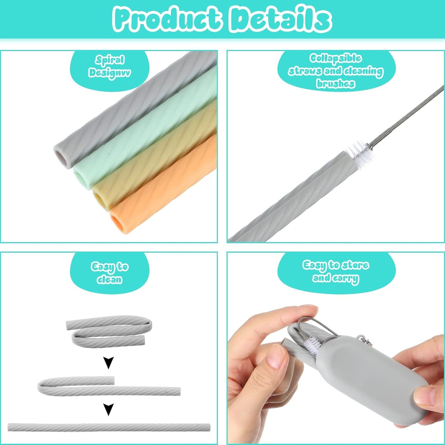 Meanplan 4 Sets Reusable Travel Straw, Silicone Straws with Case, Cruise Ship Essentials, Travel Portable Drinking Straw Set with 4 Carry Case, 4 Cleaning Brushes for Travels and Party Cold or Hot