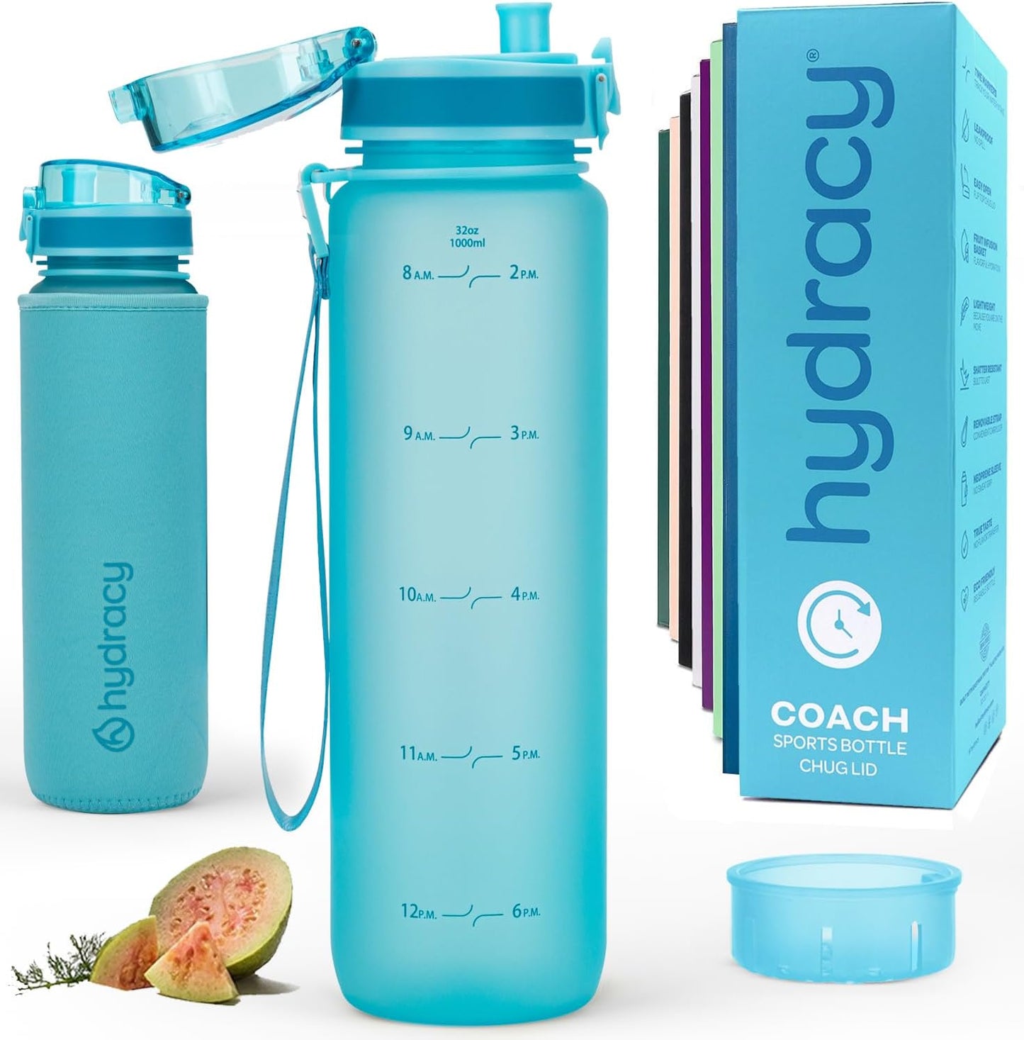 Hydracy Water Bottle with Time Marker -Large BPA Free Water Bottle & No Sweat Sleeve -Leak Proof Gym Bottle with Times to Drink - Ideal for Fitness Sports & Outdoors