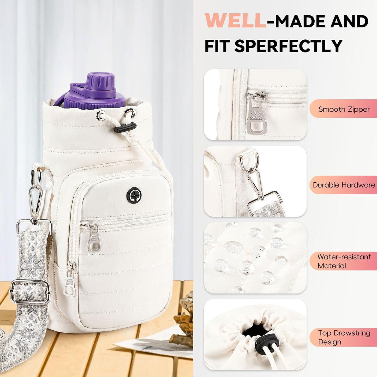 Water Bottle Carrier Bag with Strap, Sling Bag for Walking, Hiking, Cycling, Black, 40 Ounces